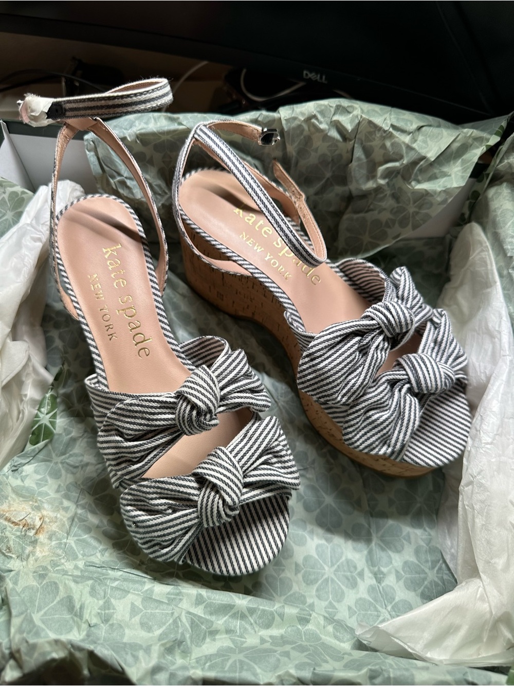 kate spade New York Blue & White Striped Wedge Sandals